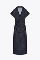 Retro Deep Blue Fold Women Denim Maxi Dress Fashion Short Sleeve V Neck Button Slim Fit Long Dresses Lady New Commute Chic Robes