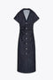Retro Deep Blue Fold Women Denim Maxi Dress Fashion Short Sleeve V Neck Button Slim Fit Long Dresses Lady New Commute Chic Robes