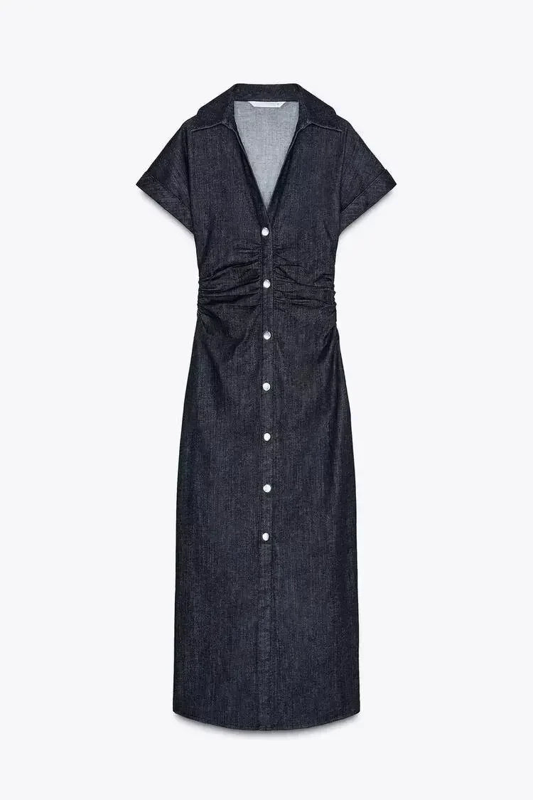 Retro Deep Blue Fold Women Denim Maxi Dress Fashion Short Sleeve V Neck Button Slim Fit Long Dresses Lady New Commute Chic Robes