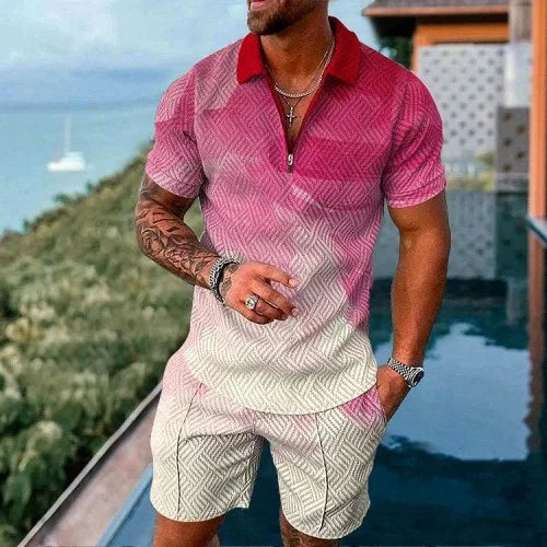 Fashion Summer Men's Tracksuit Short Sleeve Polo Shirt Set Coconut Tree 3D Print Clothing 2 Pieces Casual Suit Streetwear Outfit