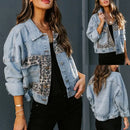 Long Sleeve Women's Denim Jacket Leopard Print Patchwork Outerwear Casual Loose Fit Fashionable And Stylish