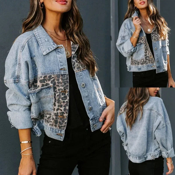Long Sleeve Women's Denim Jacket Leopard Print Patchwork Outerwear Casual Loose Fit Fashionable And Stylish