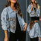 Long Sleeve Women's Denim Jacket Leopard Print Patchwork Outerwear Casual Loose Fit Fashionable And Stylish