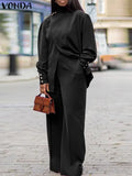 Plus Size VONDA Women Autumn High Neck Suits Solid Color Long Sleeve Matching Sets Elegant Split And Wide Leg Long Trousers 2PCs