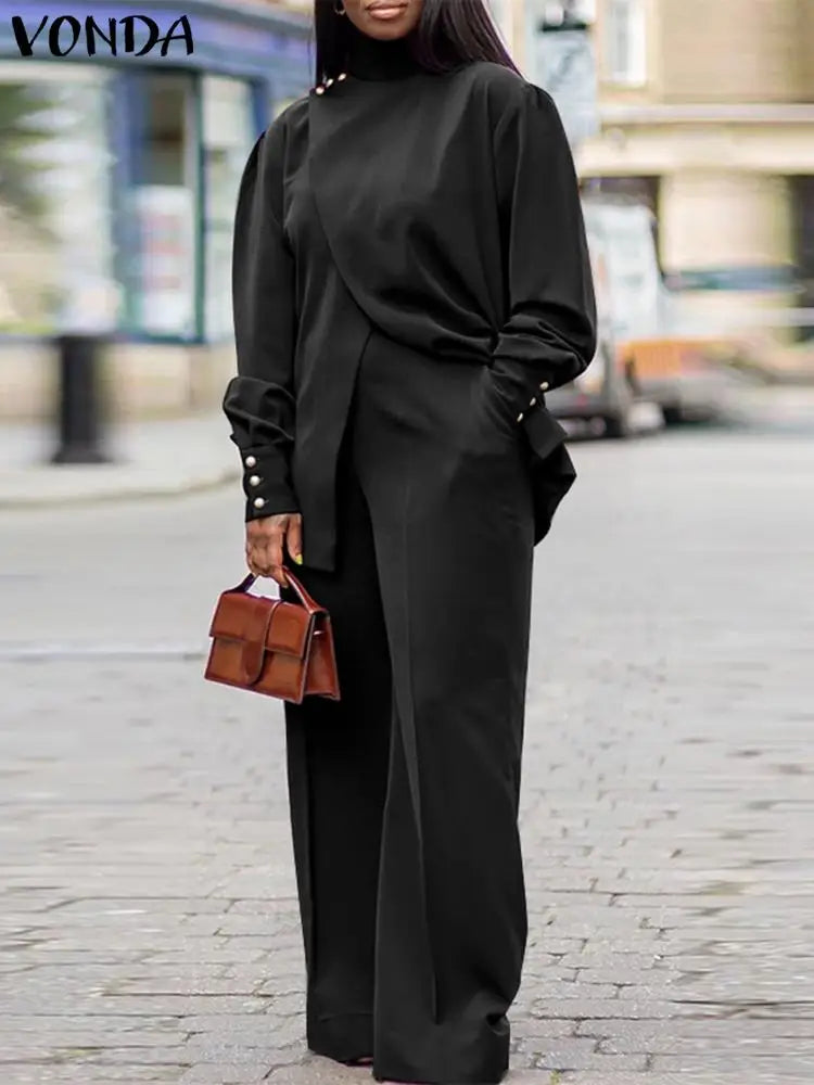 Plus Size VONDA Women Autumn High Neck Suits Solid Color Long Sleeve Matching Sets Elegant Split And Wide Leg Long Trousers 2PCs