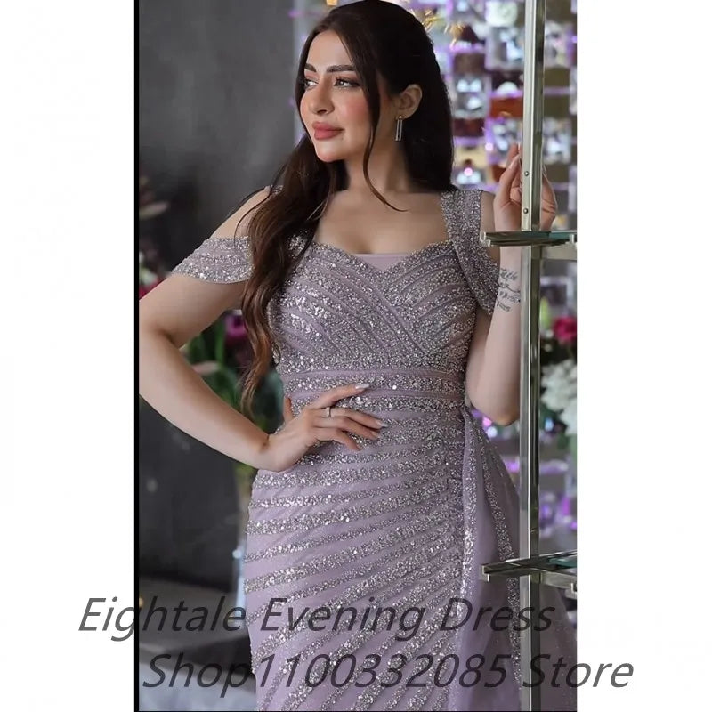 Blush Pink Mermaid Shinning Off Shoulder Evening Dress Wedding Long Luxury Sequin Formal Prom Dress Dubai Party Gown Customized