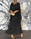 Fashion O-Neck Solid Commuter Long Dress Elegant Casual Layered Ruffle Edge Party Dress Bat Sleeve Chiffon Beach Vacation Dress
