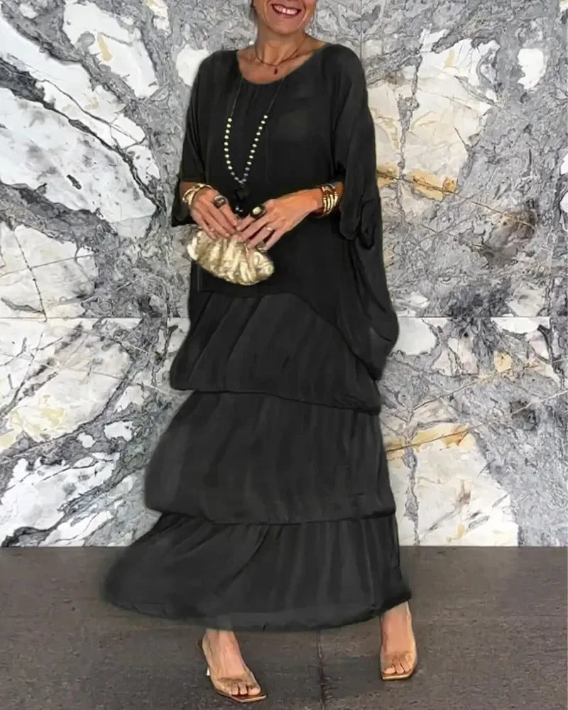 Fashion O-Neck Solid Commuter Long Dress Elegant Casual Layered Ruffle Edge Party Dress Bat Sleeve Chiffon Beach Vacation Dress