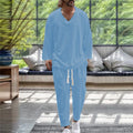 2024 Spring/Fall trend Men's Fashion V-neck shirt Casual comfortable loose high-end long sleeve pants solid color beach suit