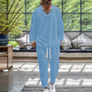 2024 Spring/Fall trend Men's Fashion V-neck shirt Casual comfortable loose high-end long sleeve pants solid color beach suit