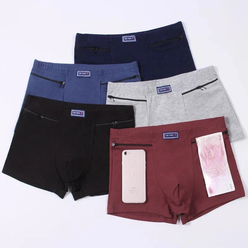 Men's Pockets Underwear Anti-Theft Briefs Boxer Panties Two Zippers Pockets Cotton Underpants Male Boxers Briefs Booty Shorts
