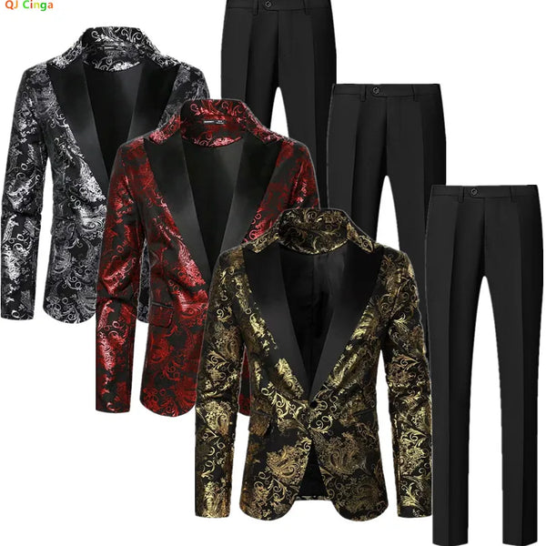 QJ Cinga Brand Mens Two Piece, Gold Printed Blazer with Black Trousers, Red Silver Men Sets, Party/Stage Performance Costumes