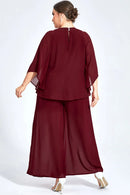 Women's Plus Size Formal Burgundy Chiffon Ruffle Sleeve Cut Out Wide Leg Two Piece Pant Suit Casual Office Lady Matching Sets