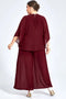 Women's Plus Size Formal Burgundy Chiffon Ruffle Sleeve Cut Out Wide Leg Two Piece Pant Suit Casual Office Lady Matching Sets
