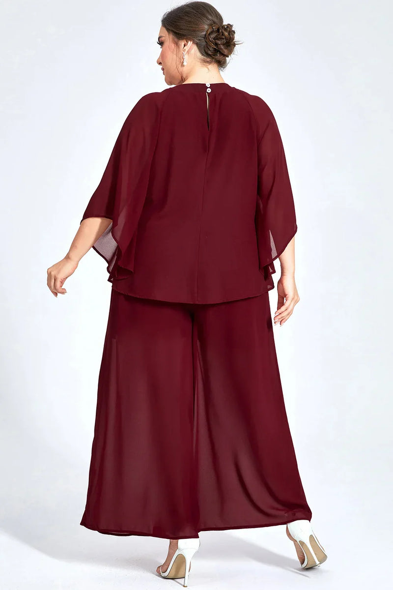 Women's Plus Size Formal Burgundy Chiffon Ruffle Sleeve Cut Out Wide Leg Two Piece Pant Suit Casual Office Lady Matching Sets