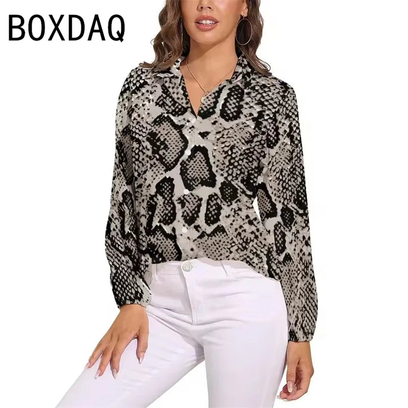 Blue Snakeskin Printed Vintage Blouse Oversize Women's Spring Summer Long Sleeve Lapel  Blouses Fashion OL Female Classic Shirt