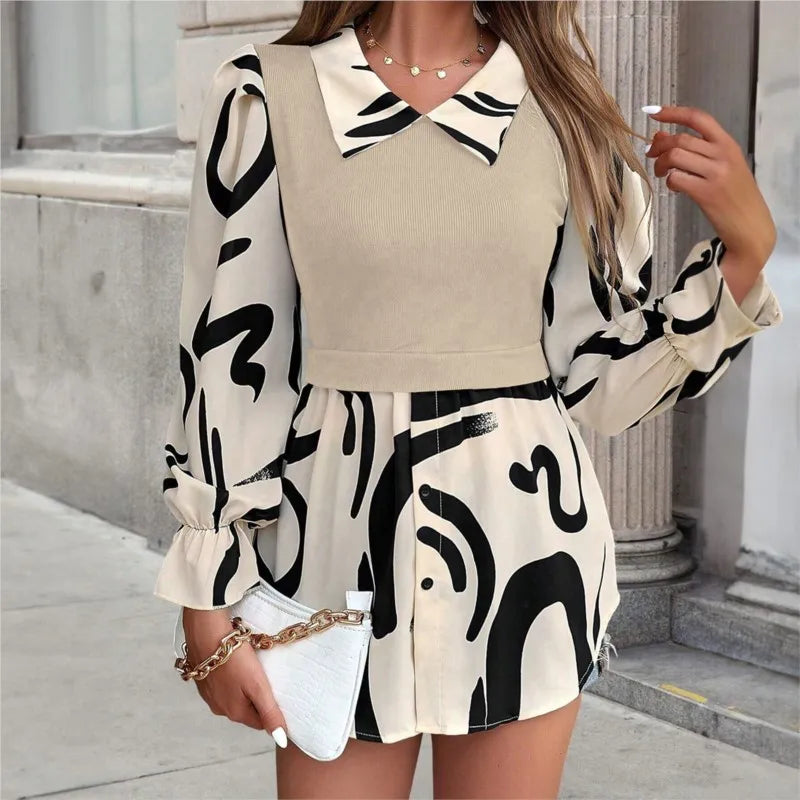 Fashion Women's Fake Two Piece Shirts Autumn And Winter Woman Elegant Polo Neck Long Sleeve Geometric Print Casual Shirt Blouse