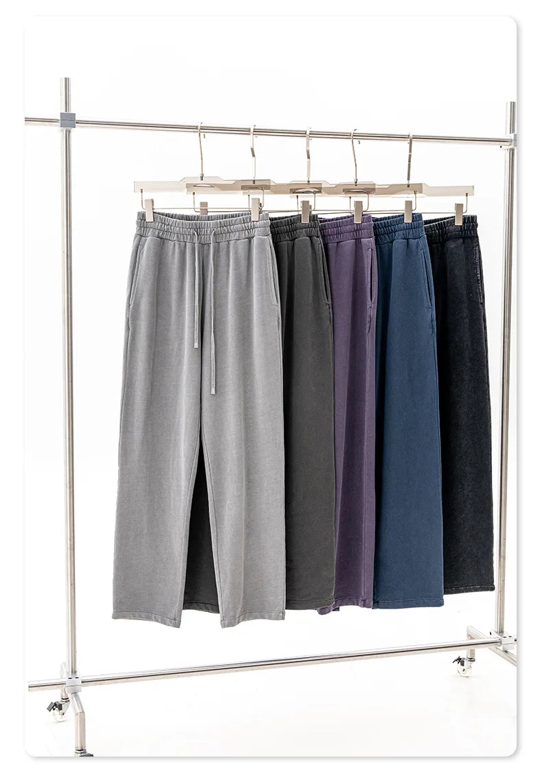 380g Men's Plus Size 100% Cotton Acid-Washed Casual Long Pants Jogger Sports Trousers Male High Quality Retro washing Sweatpant