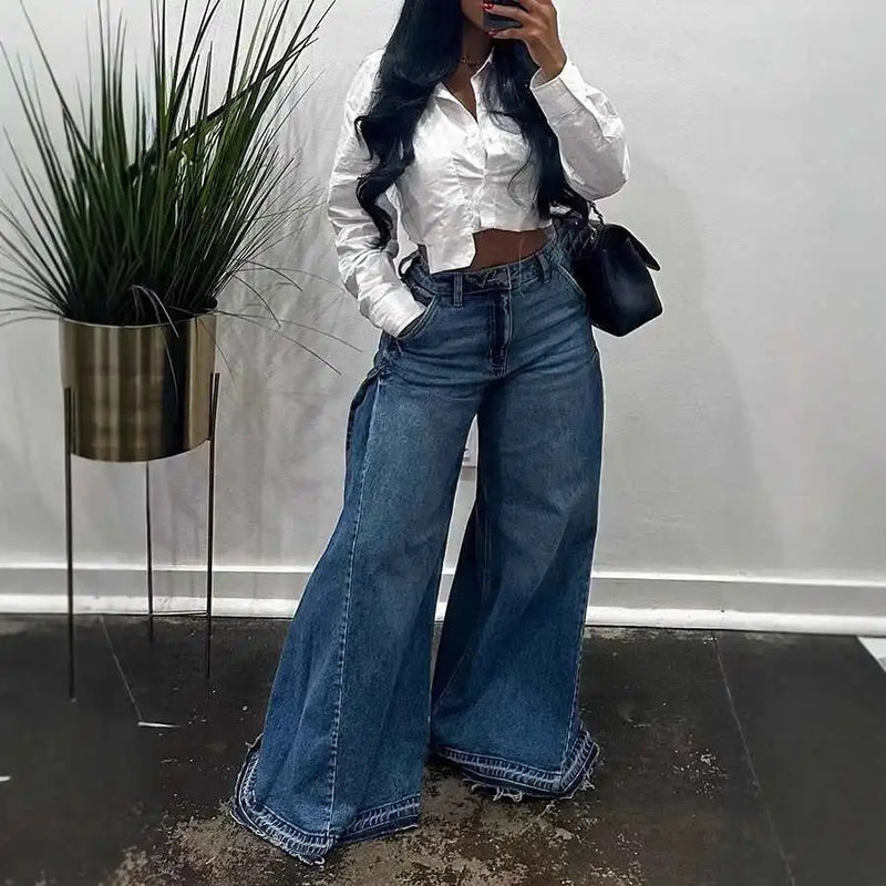 Vintage American Style Wide Leg Jeans Spliced Or Length Bell Bottom Fringebell-Bottom Pants For Men And Women