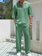 2025 New Spring summer Men's retro casual suit collar solid color half-sleeved shirt loose drawstring pants Two-piece beach Suit