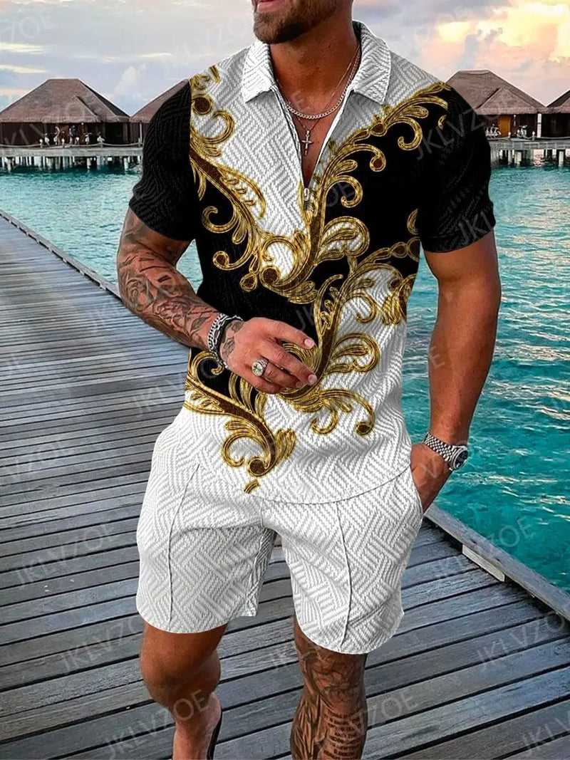Fashion Summer Men's Tracksuit Short Sleeve Polo Shirt Set Coconut Tree 3D Print Clothing 2 Pieces Casual Suit Streetwear Outfit