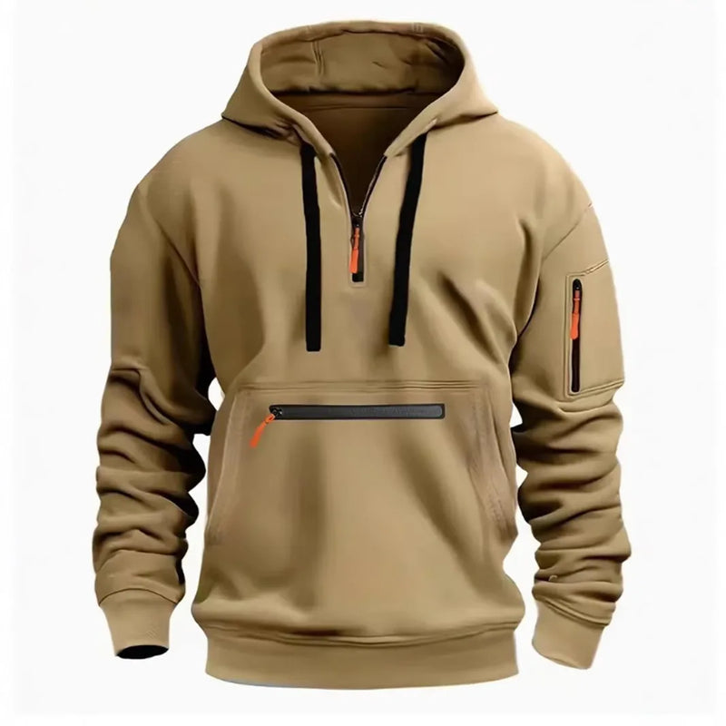 Men's hooded drawstring zipper pocket autumn and winter Hoodies fashion casual daily street solid color plus cashmere warm Tops