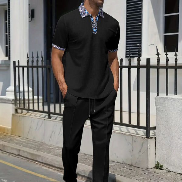 2025 new men's summer trend two-piece waffle collar short sleeve pants Business casual loose short sleeve + pants suit