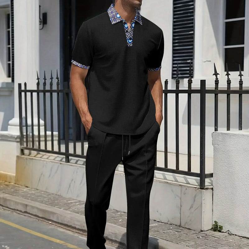 2025 new men's summer trend two-piece waffle collar short sleeve pants Business casual loose short sleeve + pants suit