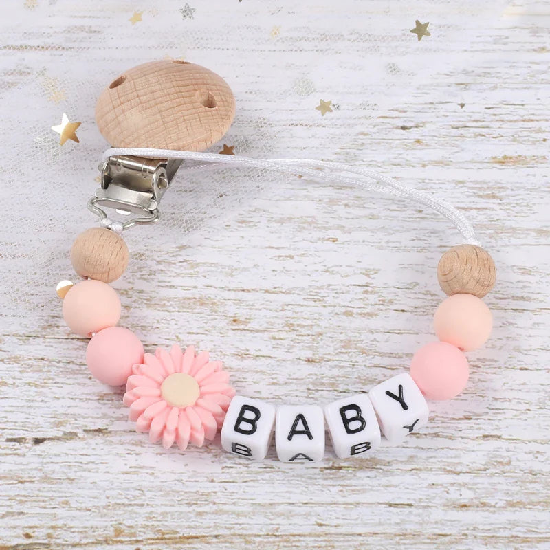 Baby Personalized Name Pacifier Chain Silicone Daisy Dummy Holder Chain For Handmade Wooden Baby Nipple Clips Nursing Chew Toys