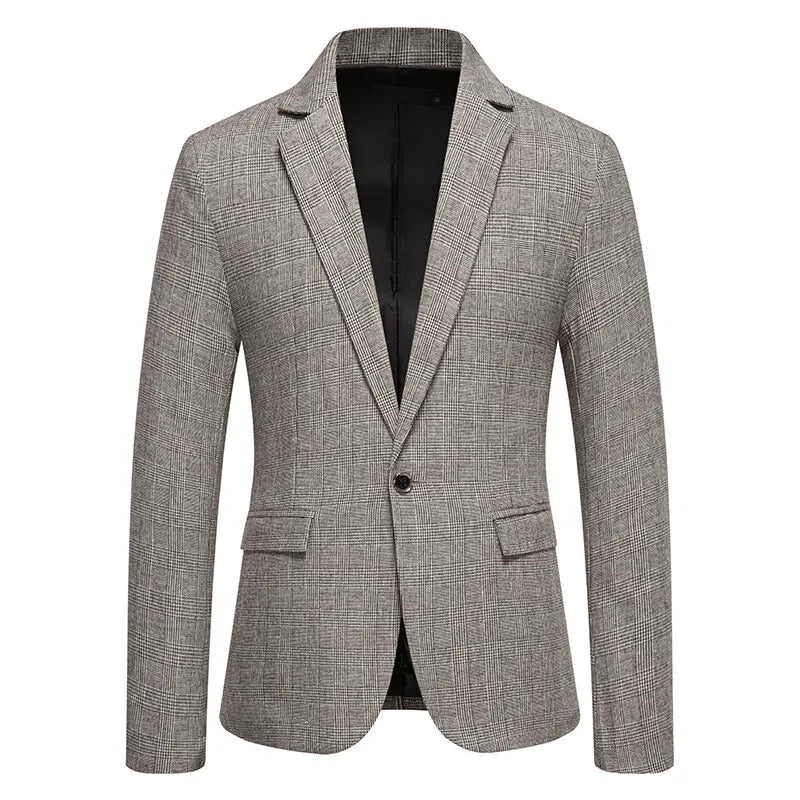 Classic Men's Casual Blazer Jackets SIngle Button Vintage Check Suit Coat Male Khaki