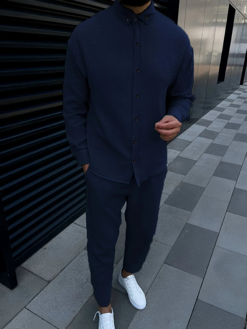 Spring and autumn men's cotton and linen lapel comfortable casual shirt set fashion long sleeve cargo pants solid color two-piec