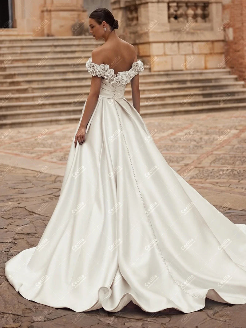 Glamorous Wedding Dresses A Line Satin Bridal Gowns Off The Shoulder Robes High Slit Floor Length Vestidos De Novia Customized