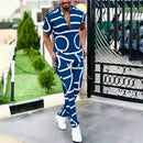 Summer men's fashion trend printed shirt casual suit V-neck short-sleeved trousers comfortable slim high-quality two-piece set