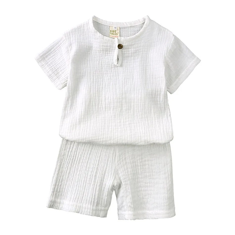 2-8 Years Children Casual Suit Kids Muslin T Shirt Shorts Pajamas Boy Girl Green White Tops Bottoms Summer 2 Pcs Clothing Set