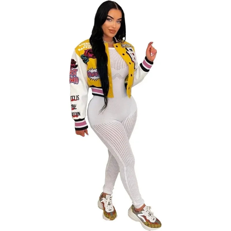 Letter Print Color Patchwork Woolen Varsity Jacket Women Long Sleeve Single Breasted Short Baseball Coat Casual Sporty Outwear