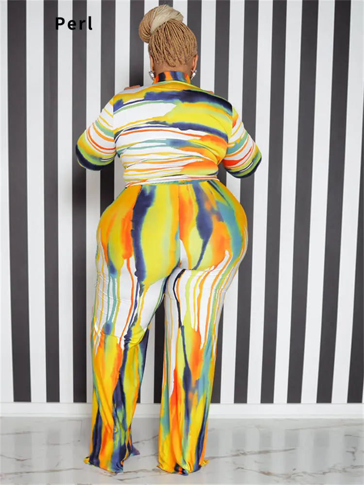 Perl Plus Size Two Piece Outfits Tie Dye Women Fall Clothing Fashion Top and Pants Leggings Matching Set Autumn Tracksuit Xl-5xl