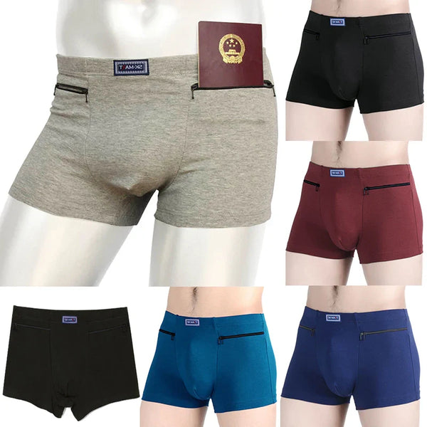 Men's Pockets Underwear Anti-Theft Briefs Boxer Panties Two Zippers Pockets Cotton Underpants Male Boxers Briefs Booty Shorts