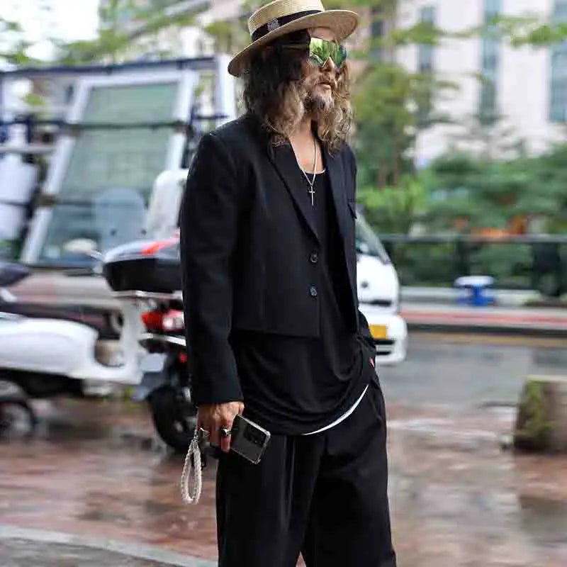 Men's Short And Niche Design Small Suit Autumn New Youth Korean Fashion Trend Cutting Layer Clear Black Ruffian Handsome Top