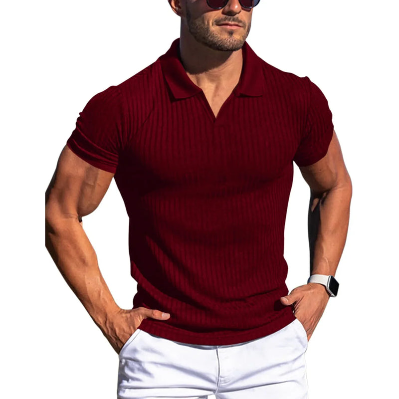 Men Turn Down Collar Short Sleeve Slim T-shirts Summer Male Solid Knitted Tee Tops LXDZ-KJ-P6-V