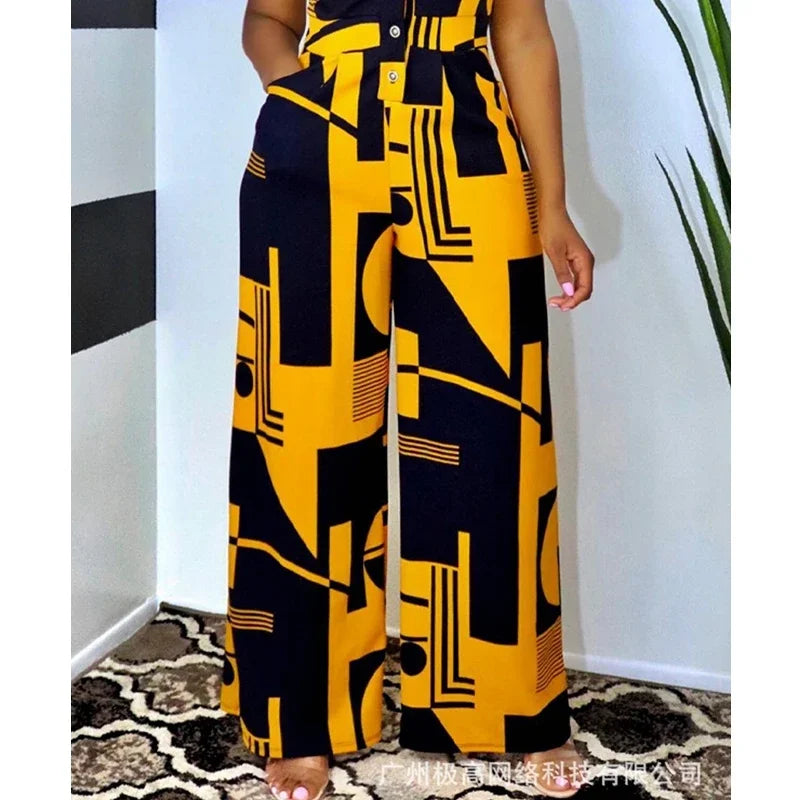 Women Slim Fit High Waist Print Jumpsuits Women V-neck