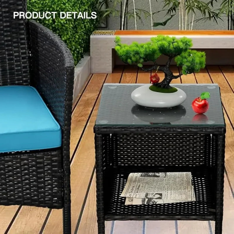 3-piece Outdoor Small Bar Set, Terrace Furniture Chairs, Black Wicker Porch Furniture with Glass Coffee Table