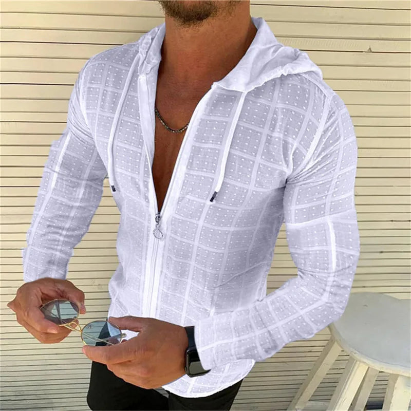 Fashion New Mens Zip Up Hooded White Plaid Tshirts Hip Hop Long Sleeve Cardigan T Shirt For Men Oodie Tee Shirts Tops Camisetas