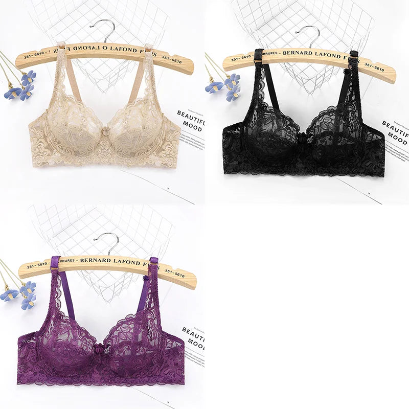 ALLTOOALL 3PC Women Sexy Lace Bras Plus Size Push Up Bralette Female Underwired Underwear Hollow Out Lingerie Embroidery Bra