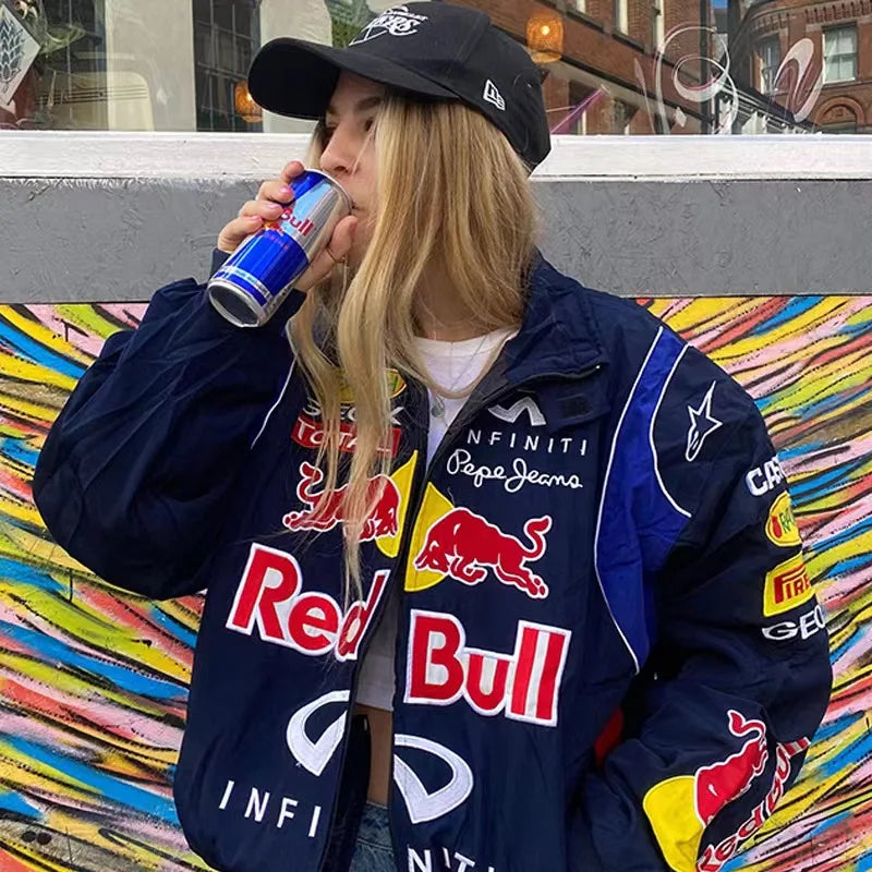 Autumn Varsity Jacket Long Sleeve Motorcycle Jacket Racing Baseball Jacket Women Y2k Printed Casual Loose Coat Single-breasted