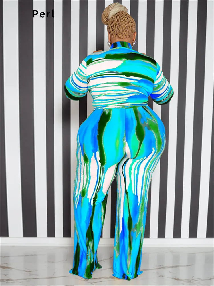 Perl Plus Size Two Piece Outfits Tie Dye Women Fall Clothing Fashion Top and Pants Leggings Matching Set Autumn Tracksuit Xl-5xl