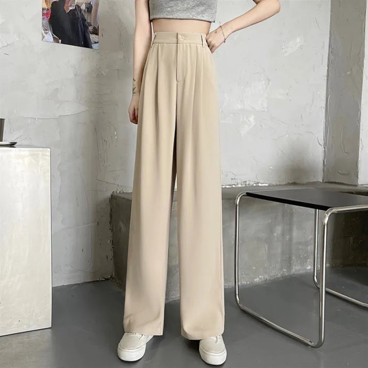 Women Suit Pant Korean Elastic High Waist Straight Pants Casual Loose Solid Simple Wide Leg Trousers Commuting Autumn Winter