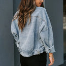 Long Sleeve Women's Denim Jacket Leopard Print Patchwork Outerwear Casual Loose Fit Fashionable And Stylish