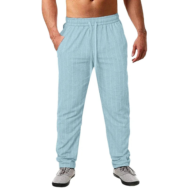New Men's Cotton Linen Trousers Design Vertical Stripes Breathable Pants Casual Baggy Elastic Waist Straight Leg Sweatpants
