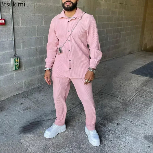 2025 Men's Casual Long Sleeve Two Piece Sets Pink Turn-down Collar Ribbed Corduroy Shirts and Pants Sets Men's 2PCS Outfits Sets