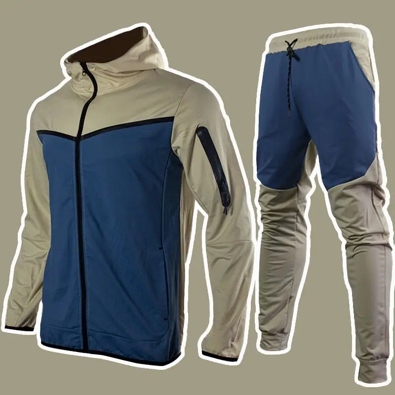 Men's Autumn-Winter Full Set with Hood Sports Jacket ,Sweatshirt Long Sleeves Pants Color-blocked Open Cardigan TightHoodie Suit